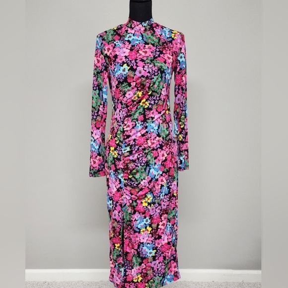 FUTURE COLLECTIVE Floral Long Sleeve Mock Neck Ruched Dress Kahlana B. Brown - Picture 3 of 11